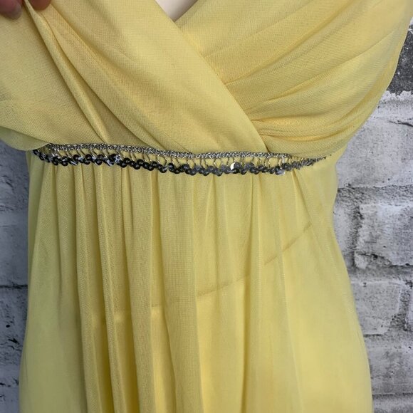 Vintage Babydoll Sheer Yellow Chiffon Handkerchief Asymmetrical Hem Midi Dress - Picture 3 of 13